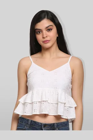 DressBerry Women Self Design Mandarin Collar Pure Cotton Peplum Crop Top