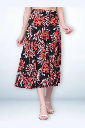Jinfo Women Floral Printed Flared Midi Skirt With Inner Shorts