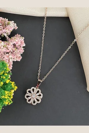 Digital Dress Room Rose Gold-Plated Artificial Stones Studed Floral Pendants with Chains