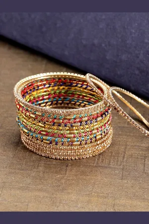Priyaasi Set Of 16 Gold Plated Stone-Studded Bangles