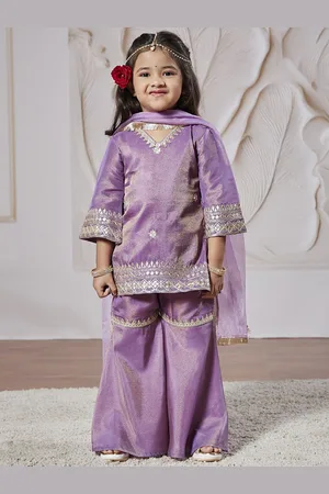 Vastramay Girls Floral Embroidered Regular Sequinned Tissue Kurta & Sharara With Dupatta