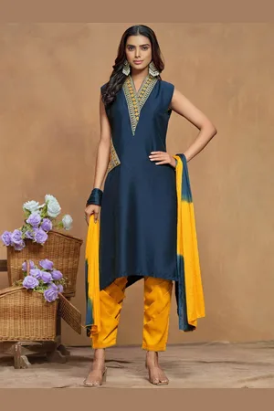 Sangria Women Cotton Silk Embroidered Asymmetrical Kurta Pant With Dupatta Set