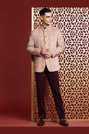 MANQ Ethnic Motif Printed Sequinned Velvet Slim-Fit Bandhgala Blazer