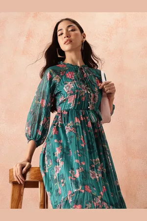 all about you Floral Print Tie-Up Neck Puff Sleeve Fit & Flare Midi Dress