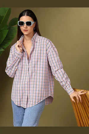 KOTTY Women Spread Collar Micro Checked Cotton Casual Shirt