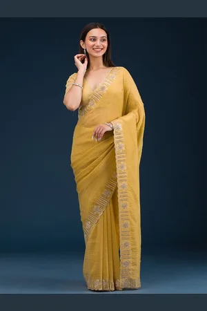 Koskii Yellow Stonework Tissue Saree