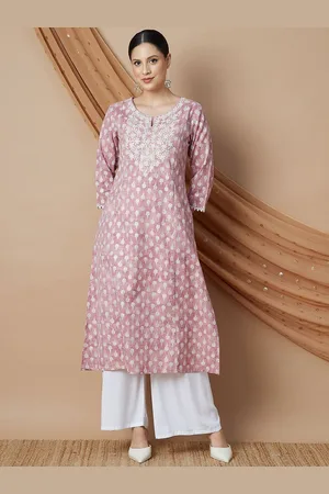 Lifestyle Floral Printed Thread Work Notch Neck Cotton Straight Kurta