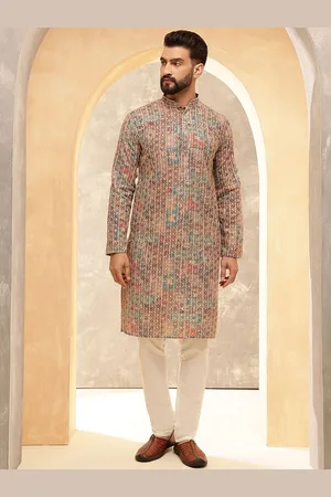 SOJANYA Floral Embroidered Mandarin Collar Sequinned Cotton Silk Kurta With Pyjamas