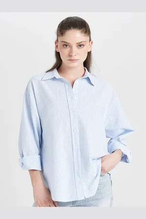 DeFacto Women Relaxed Fit Spread Collar Vertical Striped Cotton Casual Shirt