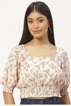 Moda Rapido Women Floral Printed Puff Sleeve Smocked Georgette Blouson Crop Top
