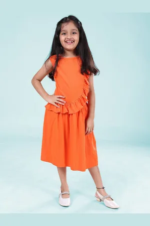 KiddoPanti Girls Cotton Sleeveless Ruffled Midi Dress