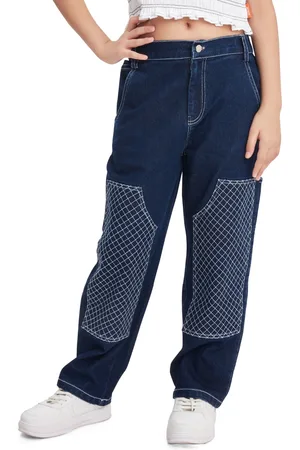 OLELÉ Girls Stretchable Cotton Denim Quilt Stitched Carpenter Jeans