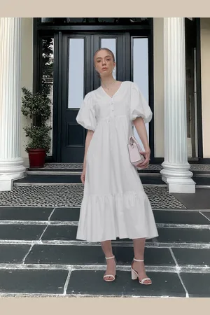 French Connection Pure Cotton Puff Sleeve A-Line Midi Dress