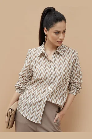 Lifestyle Women Spread Collar Chevron Striped Cotton Casual Shirt