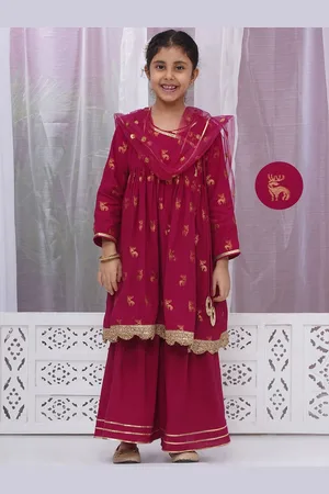 Little Bansi Girls Woven Design Angrakha Pure Cotton Kurta with Sharara & Dupatta