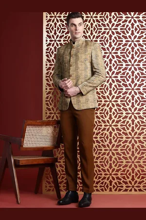 MANQ Ethnic Motifs Printed Sequinned Slim-Fit Bandhgala Blazer