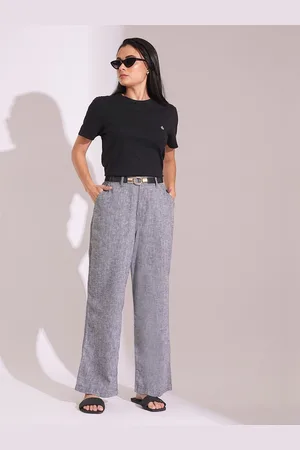 Globus Women Charcoal Cotton High-Rise Wide Leg Formal Trousers