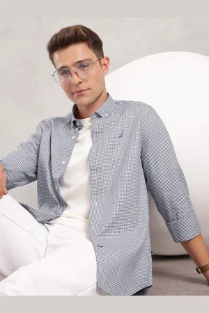 Nautica Pure Cotton Button-Down Collar Slim Fit Checked Casual Shirt