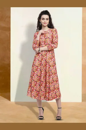BAESD Cotton Floral Printed Round Neck Fit & Flare Dress