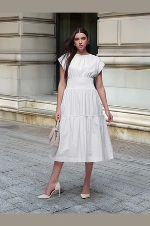 French Connection Boat Neck Extended Sleeves Smocked Pure Cotton Fit & Flare Midi Dress