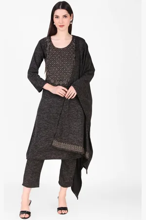 FNOCKS Floral Embroidered Pure Wool Straight Kurta With Palazzos & Dupatta