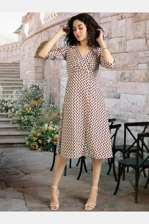 DressBerry Women Printed Puff Sleeves Fit & Flare Midi Dress