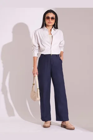 Globus Women Navy Cotton High-Rise Wide Leg Formal Trousers
