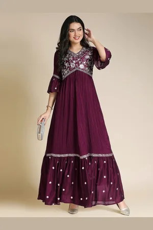 MADHURAM Floral Embroidered Gathered Sequinned Bell Sleeves Maxi Ethnic Dress