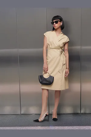 French Connection Pure Cotton Extended Sleeves Wrap Style A-Line Midi Dress