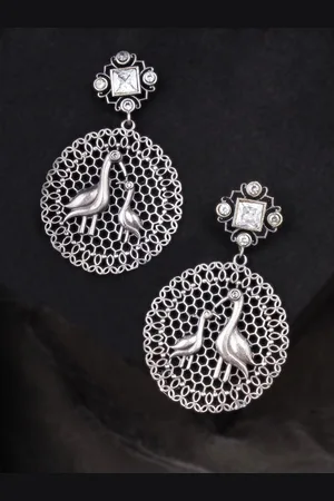 Sangria White Silver-Plated Contemporary Peacock Shaped Oxidised Drop Earring
