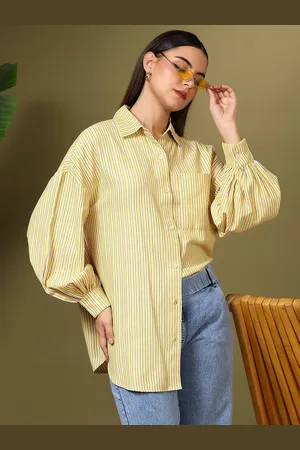KOTTY Women Spread Collar Vertical Striped Cotton Casual Shirt