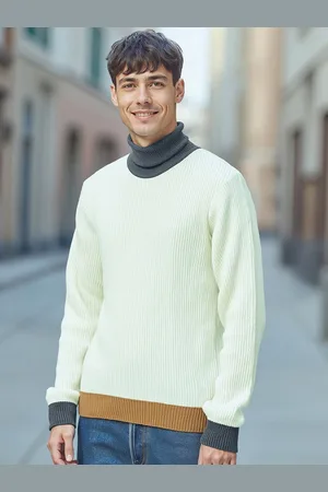 Bewakoof Off White Ribbed High Neck Acrylic Sweater
