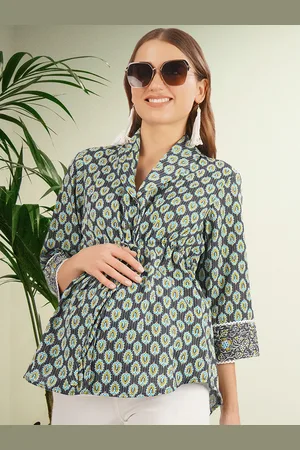 Angloindu Ethnic Motifs Printed Shawl Collar Pure Cotton Maternity A-Line Top