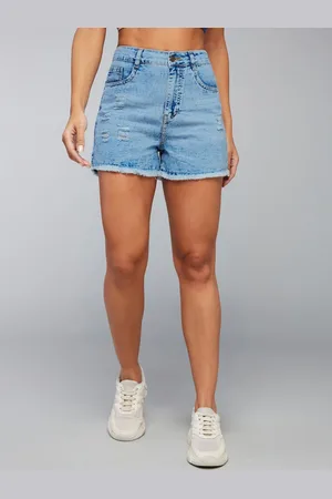 DOLCE CRUDO Women Relaxed Fit Mid-Rise Distressed Ripped Denim Shorts