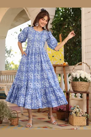Janasya Women Blue Pure Cotton Floral Printed Tiered Dress