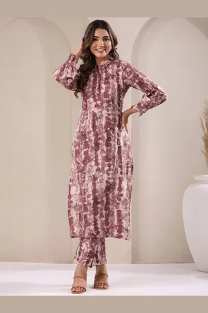 Janasya Women Mauve Pure Cotton Tie & Dye Straight Kurta Set