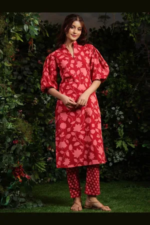 anayna Floral Printed Mandarin Collar Straight Pure Cotton Kurta With Trousers