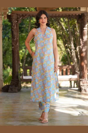 Janasya Women Pure Cotton Floral Printed Straight Kurta Set