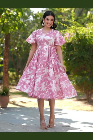 Janasya Women Pink Pure Cotton Floral Printed Tiered Dress