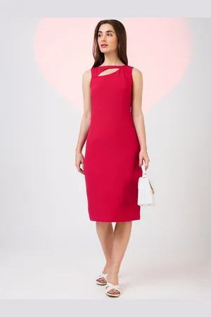 Globus Scuba Women Cut Out Detail Boat Neck Solid Back Slit Midi Sheath Party Dress