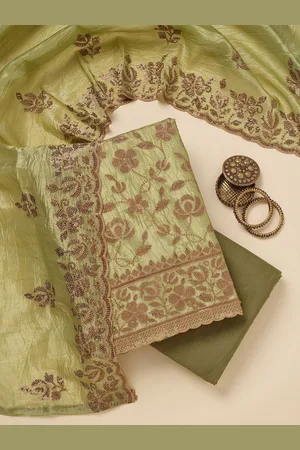 Koskii Floral Embroidered Zariwork Raw Silk Unstitched Salwar Suit
