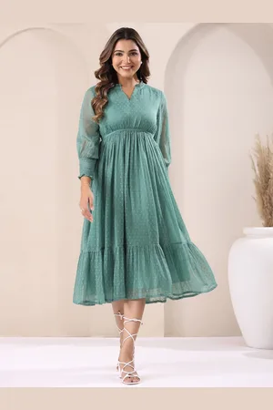 Janasya Women Sage Green Dobby Chiffon Self Design Fit & Flare Dress