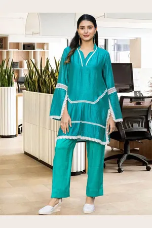 Ambraee V-Neck Flared Sleeves Lace Chanderi Silk Kurta Set