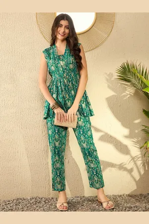 Kalini Ikat Printed Sleeveless Shawl Neck Tunic With Trousers