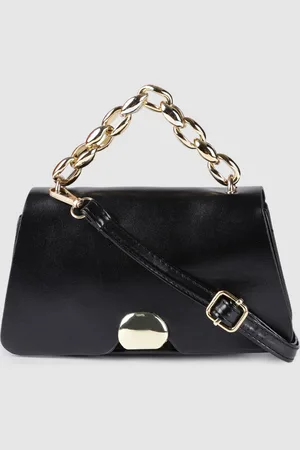Fastrack Women Black PU Solid Satchel with Gold Metal Chain and detachable sling strap