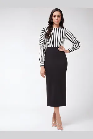 Moda Rapido Women Striped Cuffed Sleeves Sheath Midi Dress