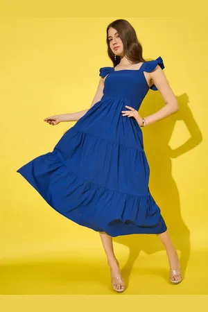 BuyNewTrend Women Smocked Flutter Sleeves Fit and Flare Midi Dress