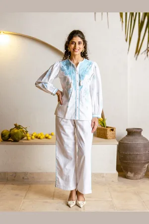 AUTUMN LANE Floral Embroidered Round Neck Pure Cotton Shirt With Trousers