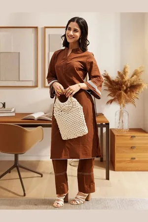 Ambraee Mandarin Collar Pure Cotton Straight Kurta with Trousers