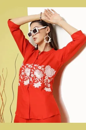 Corsica Women Floral Embroidery Mandarin Collar Shirt Style Straight Cotton Top